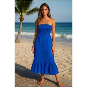 Ralph Lauren Women M Crinkle Smocked Strapless Dress Skirt Blue Beach Semi-Sheer